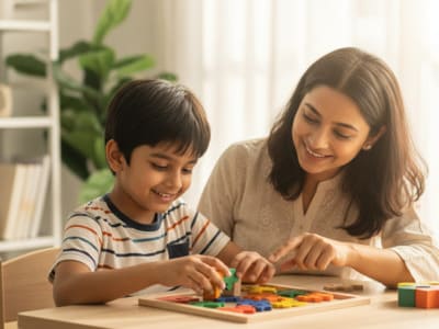 Happy child learning with parental support